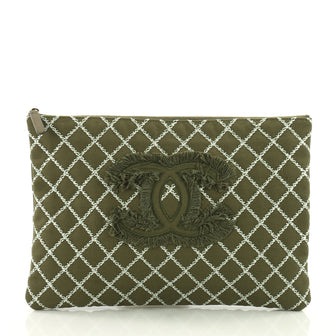 Chanel O Case Clutch Quilted Tweed Large Green 3612403