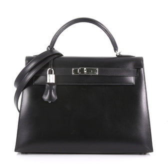Kelly Handbag Black Box Calf with Palladium Hardware 32