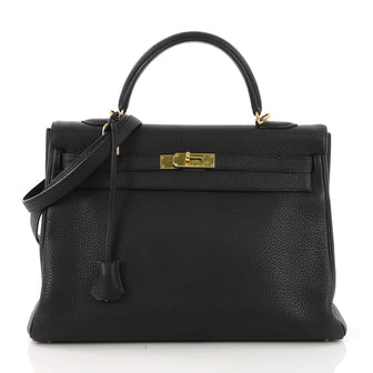 Hermes Kelly Handbag Black Clemence with Gold Hardware 35