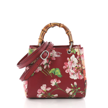 Gucci Bamboo Shopper Tote Blooms Print Leather Mini Red 3631401