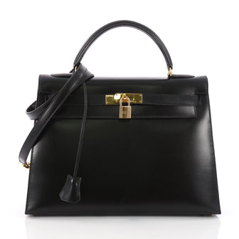 Hermes Kelly Handbag Black Box Calf with Gold Hardware 3632501