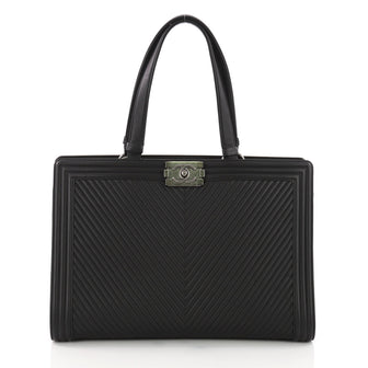 Chanel Boy Shopping Tote Chevron Quilted Calfskin Large Black 36490137
