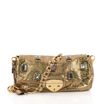 Prada Whips Pietre Lock Flap Shoulder Bag Embellished Python Small Gold 3649047