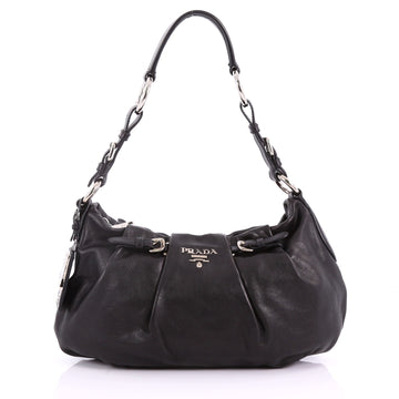 Prada Buckle Pleated Shoulder Bag Soft Calfskin Medium Black 3649051