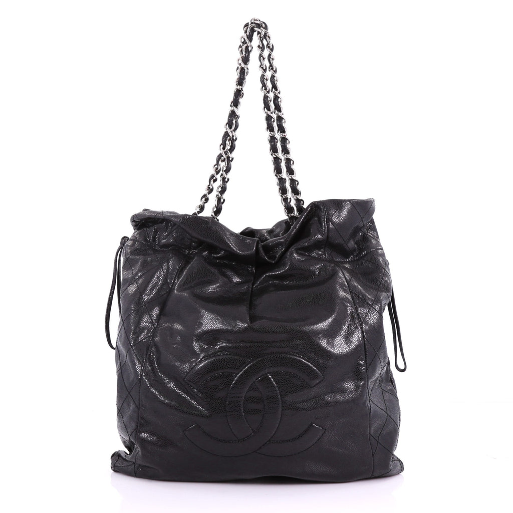 CHANEL 31 Printed Cotton Leather Shopping Shoulder Bag Black