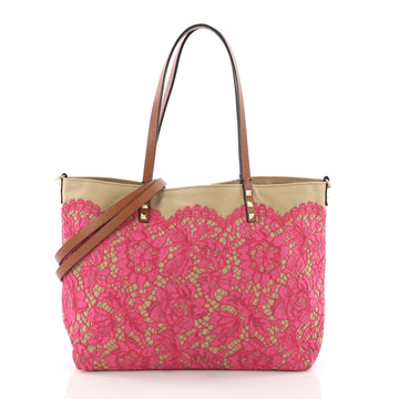 Valentino Glam Rockstud Reversible Tote Lace and Canvas Medium Neutral 3649606