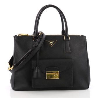 Prada Front Pocket Double Zip Lux Tote Saffiano Leather Medium Black 3659801