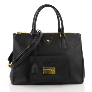 Prada Front Pocket Double Zip Lux Tote Saffiano Leather Medium Black 3659801