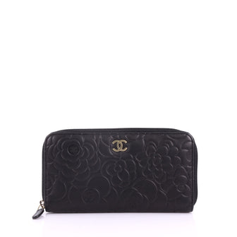 Chanel Zip Around Wallet Camellia Lambskin Black 3661101