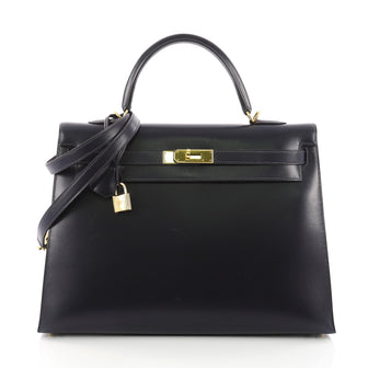 Hermes Kelly Handbag Blue Box Calf with Gold Hardware 35 3662705