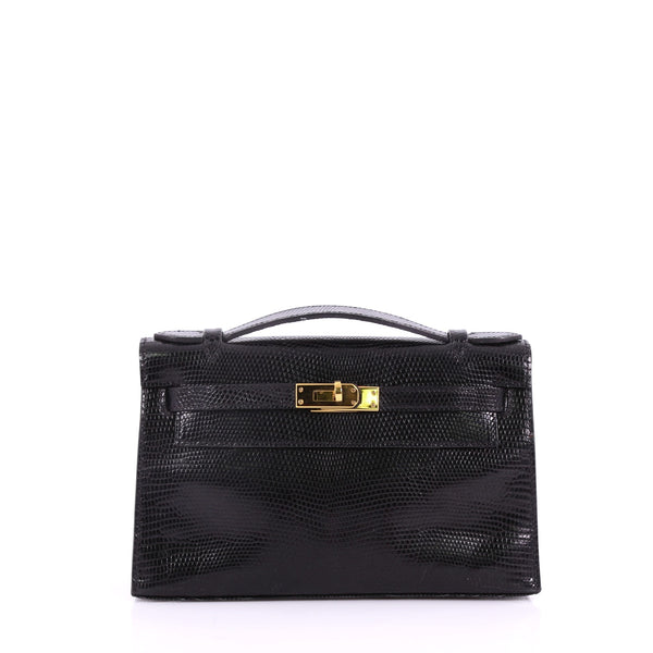 Hermes Black Lizard Kelly Pochette Clutch Bag with Ruthenium, Lot #56140