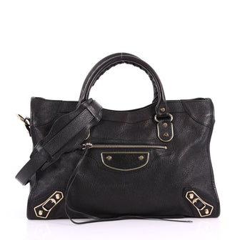 Balenciaga City Classic Studs Metallic Edge Handbag Leather Medium Black 3668634