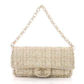 Chanel Chain Flap Bag Quilted Tweed Small White 3668701