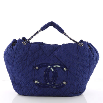 Chanel Cloquee Accordion Hobo Quilted Nylon Large Blue 3683408
