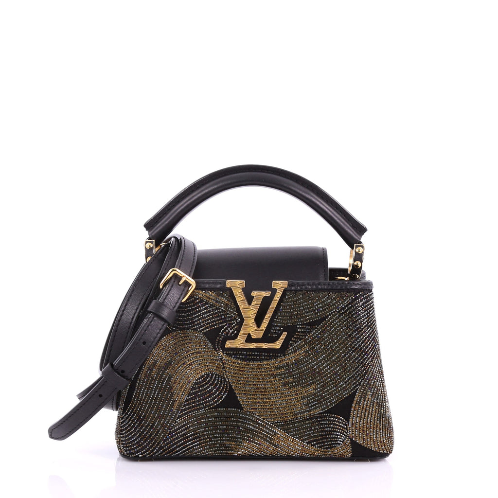 Louis Vuitton Capucines Handbag Beaded Leather Mini Black 3692701