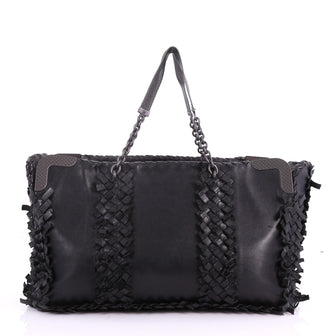 Bottega Veneta Chain Tote Leather with Fringe Intrecciato Black 370081