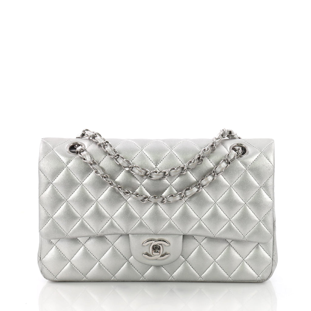 CHANEL Metallic Lambskin Quilted Medium Double Flap Silver 1120801