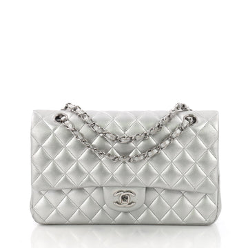 Chanel Classic Double Flap Bag Quilted Lambskin Medium Silver 370452