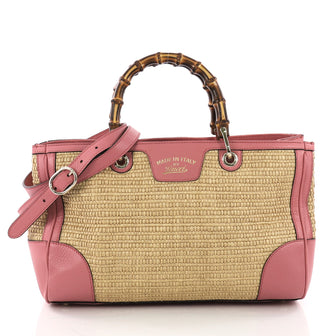  Gucci Bamboo Shopper Tote Straw Medium Pink 370561