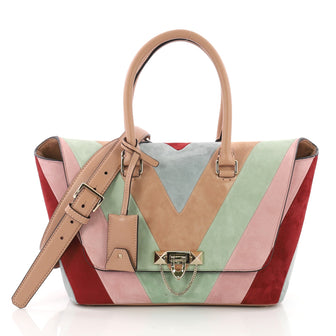 Valentino Demilune Flap Satchel Chevron Suede Small Brown 371134