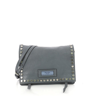 Prada Etiquette Flap Bag Studded Glace Calfskin Small Blue 3711717