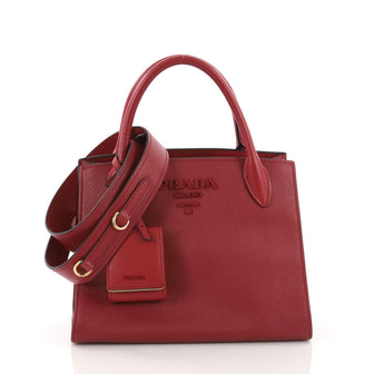 Prada Monochrome Tote Saffiano Leather with City Calfskin Small Red 371174