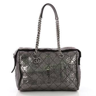 Chanel Aged Chain CC Charm Bowling Bag Quilted Python Large Silver 371421