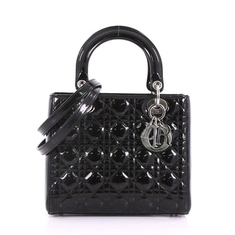 Christian Dior Lady Dior Handbag Cannage Quilt Patent Medium Black 371532