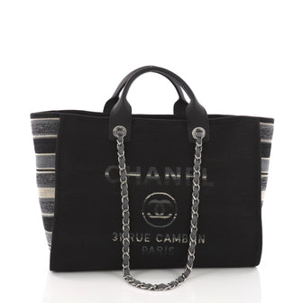 Chanel Deauville Chain Tote Canvas Large - Designer Handbag Black 371831