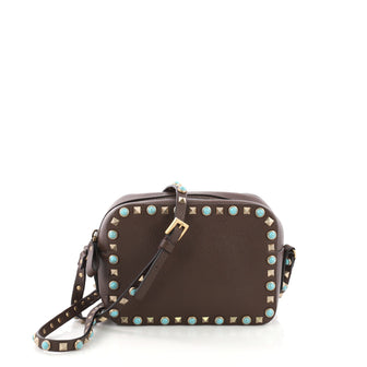 Valentino Rockstud Camera Crossbody Bag Leather with Cabochons Brown 372062
