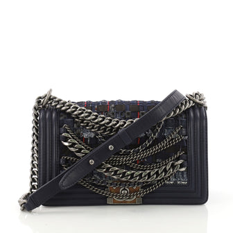 Chanel Boy Flap Bag Enchained Tweed Old Medium Blue 372911
