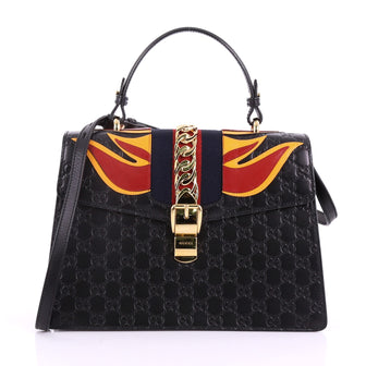 Gucci Sylvie Top Handle Bag Guccissima Leather with Applique Medium Black 3731646