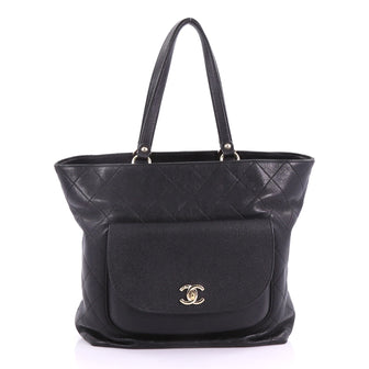 Chanel Front Pocket Shopping Tote Quilted Calfskin with Caviar Medium Black 3737061