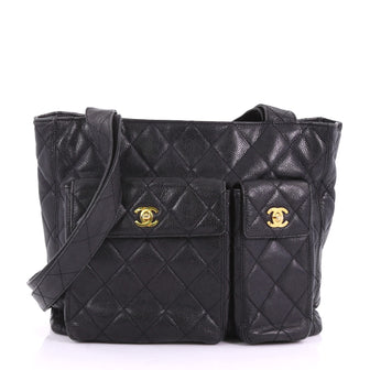 Chanel Vintage Front Pocket Tote Quilted Caviar Medium Black 3737064