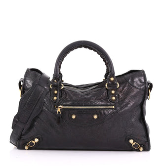 Balenciaga City Giant Studs Handbag Leather Medium Black 374583