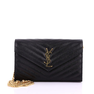 Saint Laurent Classic Monogram Wallet on Chain Matelasse Chevron Leather Medium Black 374591