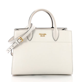 Prada Bibliotheque Handbag Saffiano Leather with City Calfskin Medium White 374699