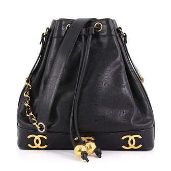 Chanel Vintage CC Drawstring Bucket Bag Caviar Medium Black 374981