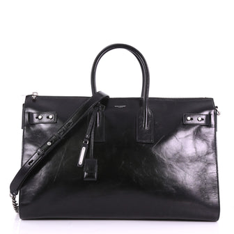 Saint Laurent Sac de Jour Souple Duffle Bag Cracked Shiny Leather 36H Black 376471