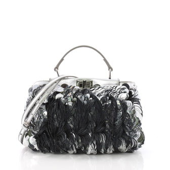 Fendi Peekaboo Handbag Paillettes Embellished Leather Mini Gray 3770835