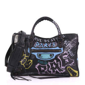 Balenciaga City Graffiti Classic Studs Handbag Leather Medium Black 3770876