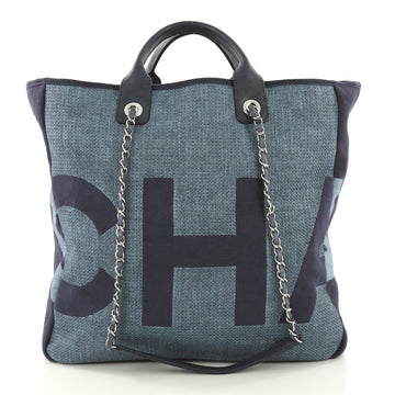Chanel Logo Shopping Tote Printed Raffia Large Blue 3774817