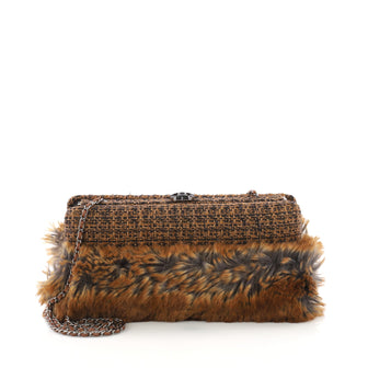 Chanel CC Clasp Frame Clutch Fur and Tweed Small Brown 3782942
