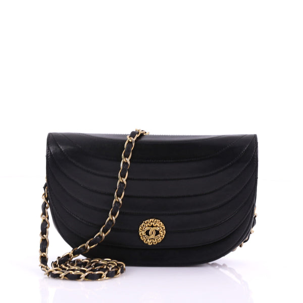 Chanel Vintage Black Quilted Lambskin Half Moon Double Flap Gold