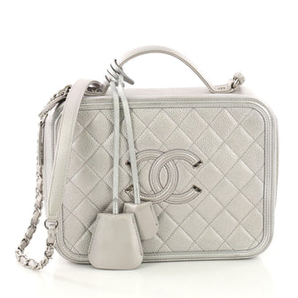 Chanel Filigree Vanity Case Quilted Caviar Medium Silver 380541