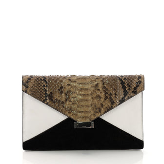 Celine Diamond Clutch Leather with Python and Suede White 381071