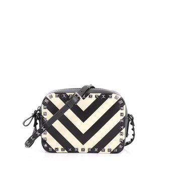 Valentino Rockstud Camera Crossbody Bag Striped Leather Black 3814583