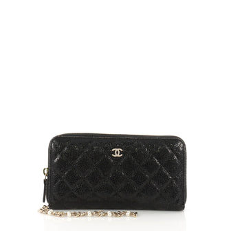 Chanel Zip Around Wallet with Pearl Chain Quilted Glazed Crackled Leather Long Black 38218200