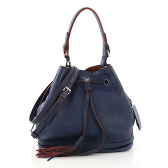Prada Model: Convertible Drawstring Bucket Bag Leather Large Blue 38241/7