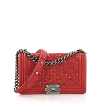 Chanel Boy Flap Bag Quilted Studded Distressed Calfskin Red 382609